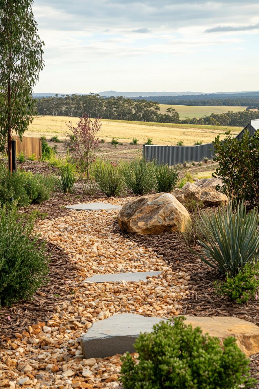 australian native backyard garden with mulch ground rocks geometric shrubs native runners and bushes australian fields in the background 1