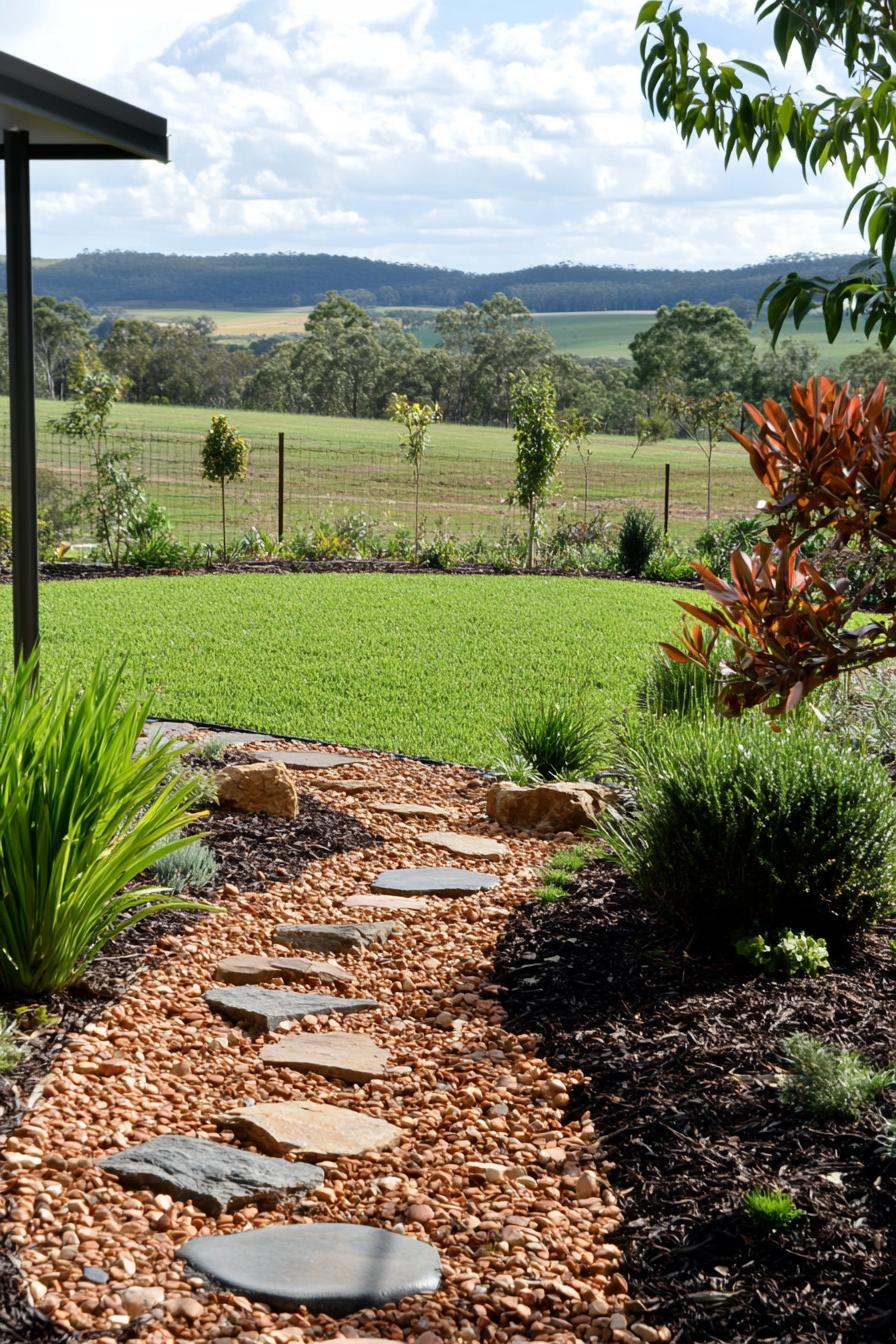 australian native backyard garden with mulch ground rocks geometric shrubs native runners and bushes australian fields in the background 2