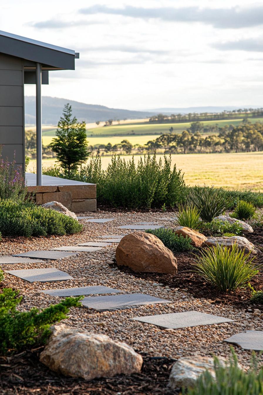 australian native backyard garden with mulch ground rocks geometric shrubs native runners and bushes australian fields in the background 3