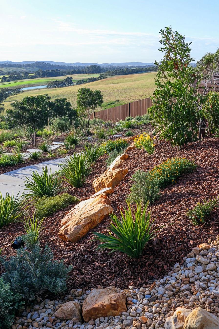 australian native backyard garden with mulch ground rocks geometric shrubs native runners and bushes australian fields in the background