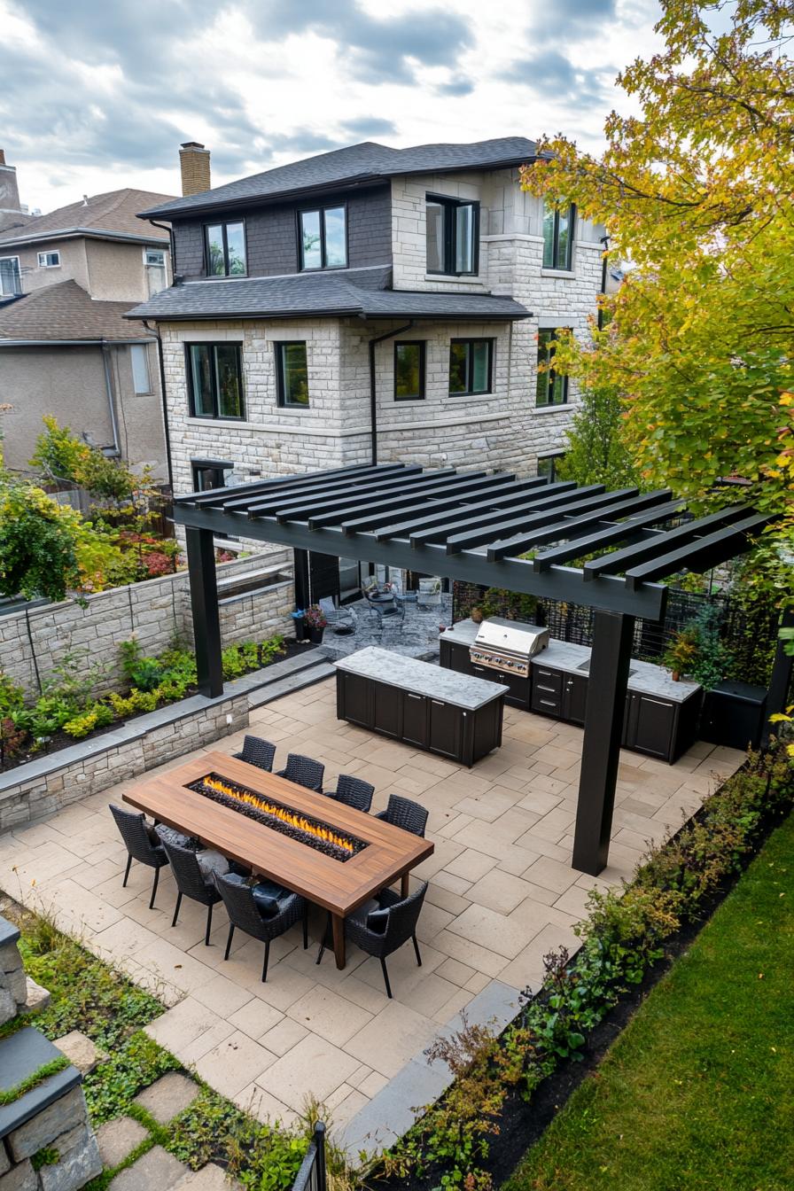 high angle view of modern house pergola covered outdoor kitchen with bbq dining table on patio fire pit with lounge chairs on deck landscape with