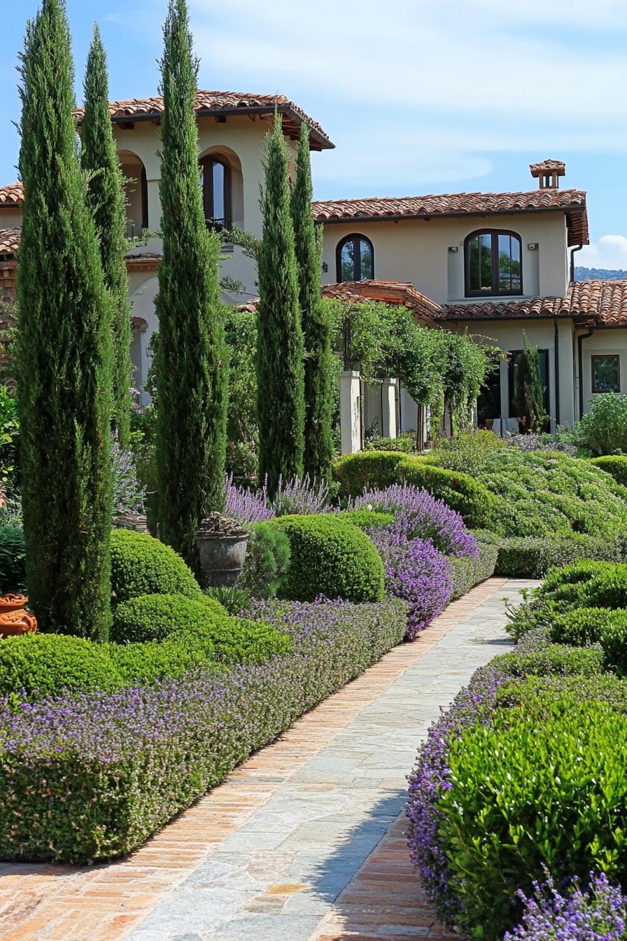 italian front yard garden with geometric shrubs and italian cypress trees 1