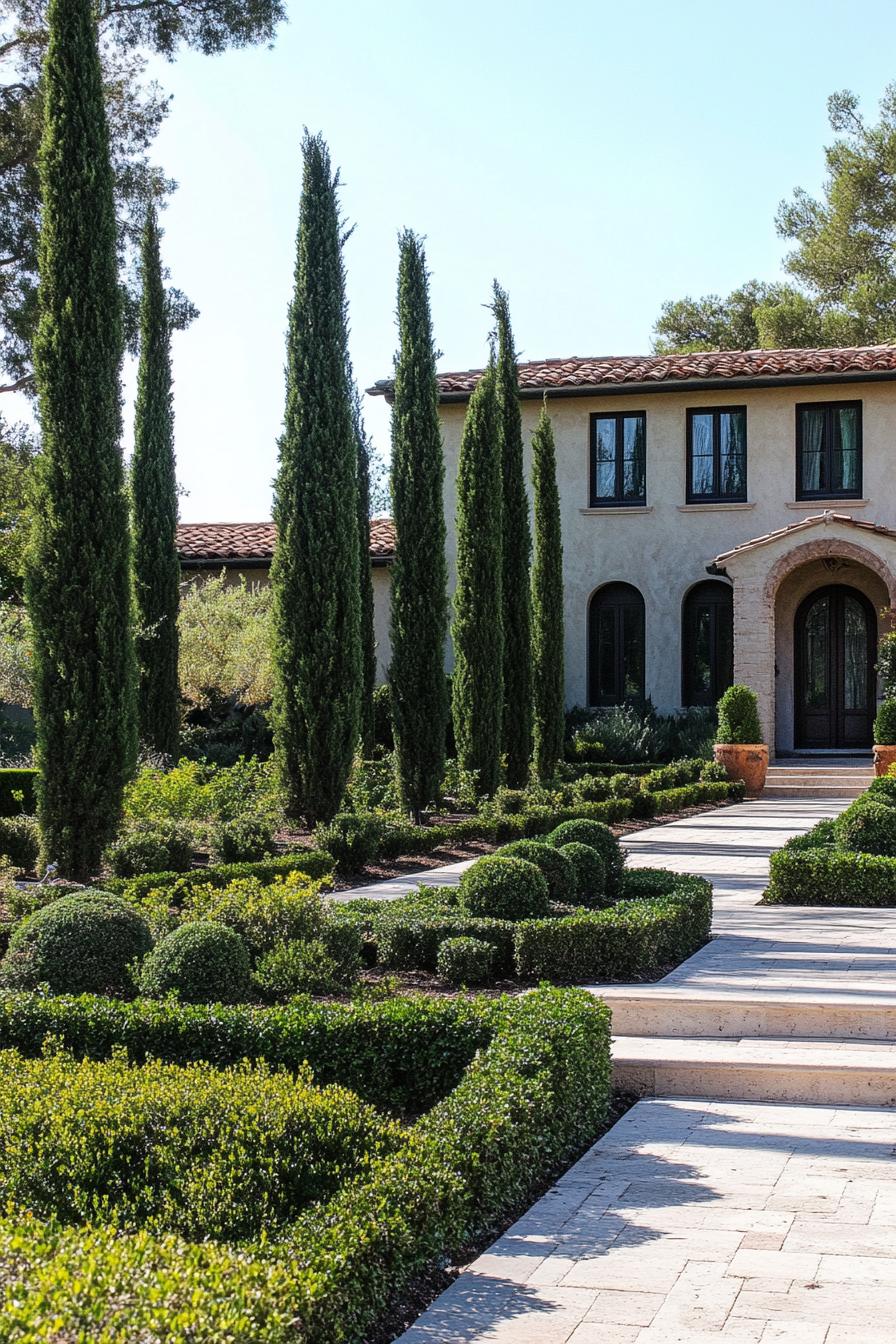 italian front yard garden with geometric shrubs and italian cypress trees 2