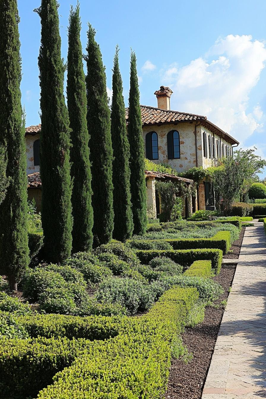 italian front yard garden with geometric shrubs and italian cypress trees 3