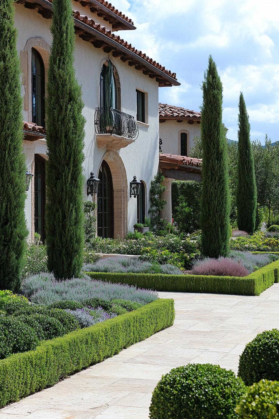 italian front yard garden with geometric shrubs and italian cypress trees