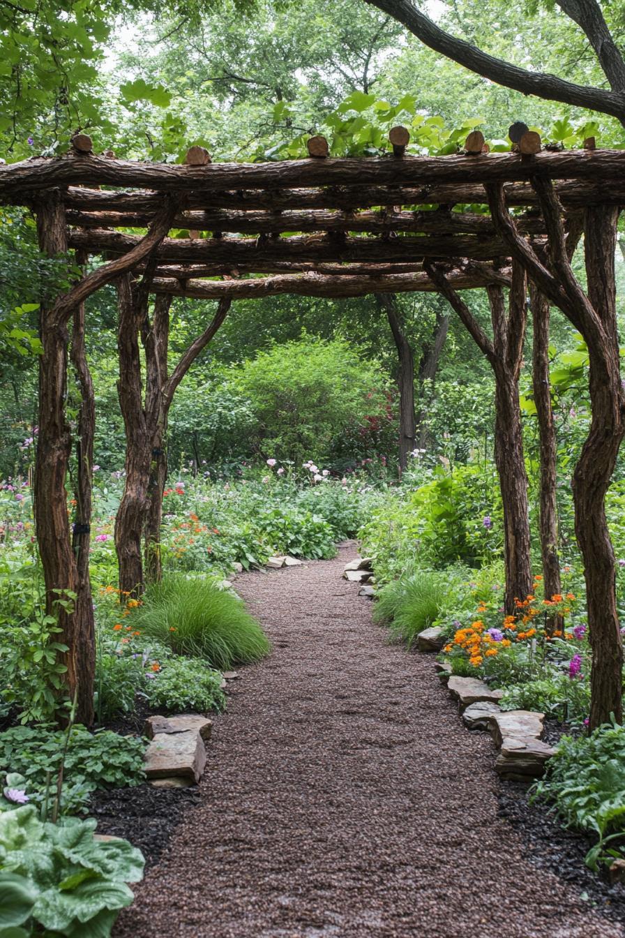 lush garden with native plants rustic wooden pergola made of tree branches and trunks 2