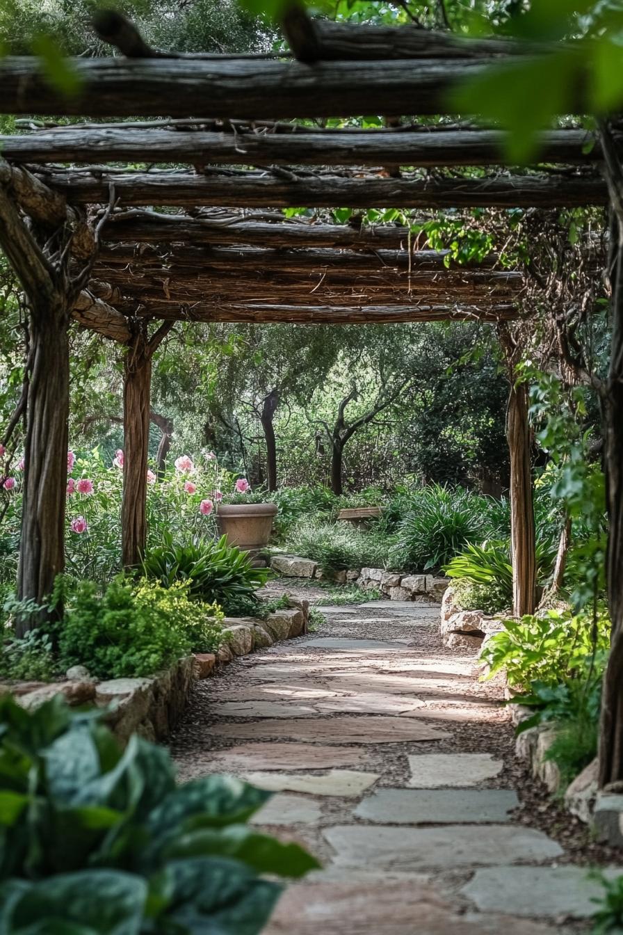 lush garden with native plants rustic wooden pergola made of tree branches and trunks