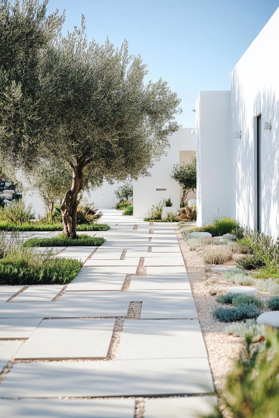 mediterranean inner courtyard garden of a modern white villa with geometric paving with concrete native plants and olive trees 1