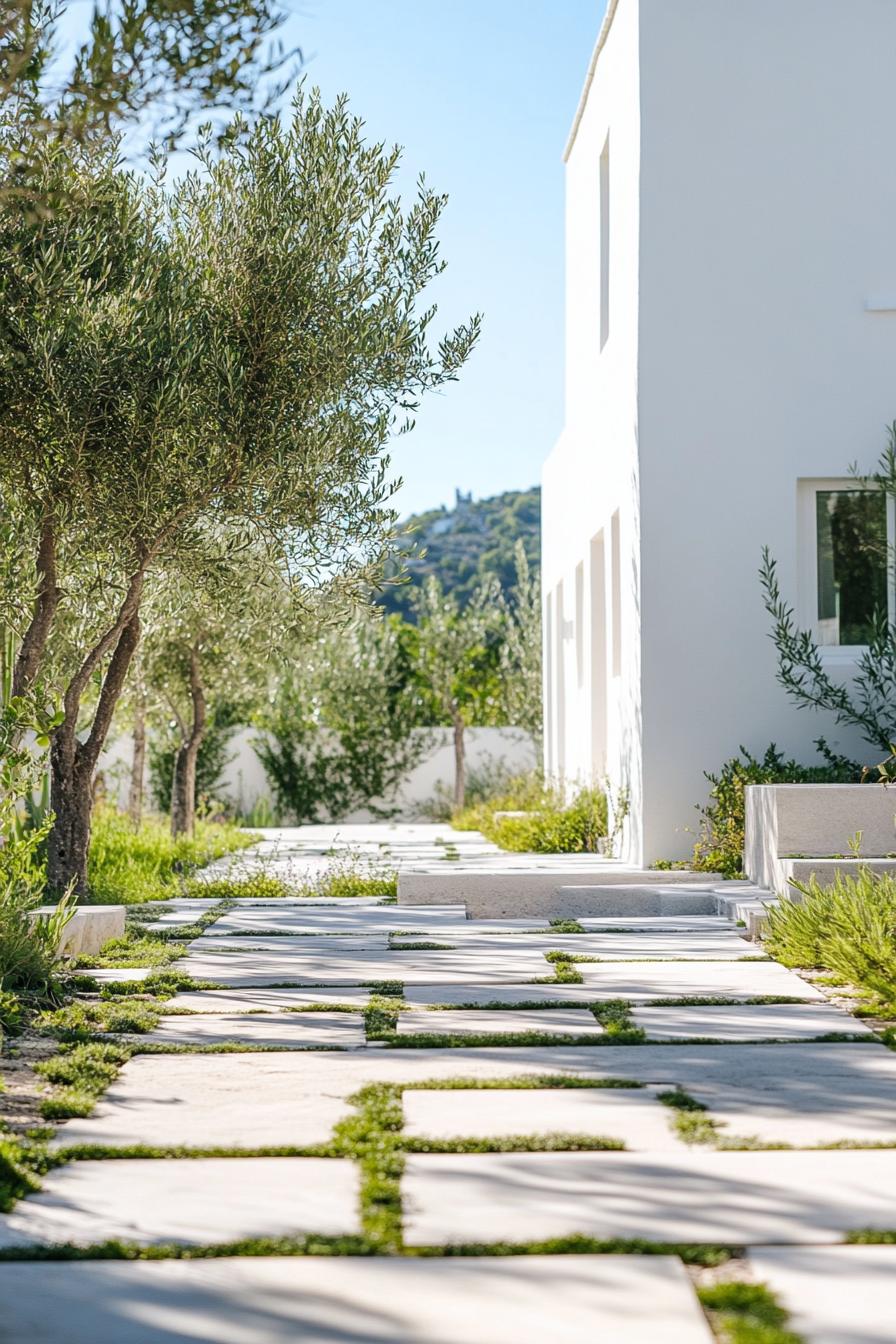 mediterranean inner courtyard garden of a modern white villa with geometric paving with concrete native plants and olive trees 2