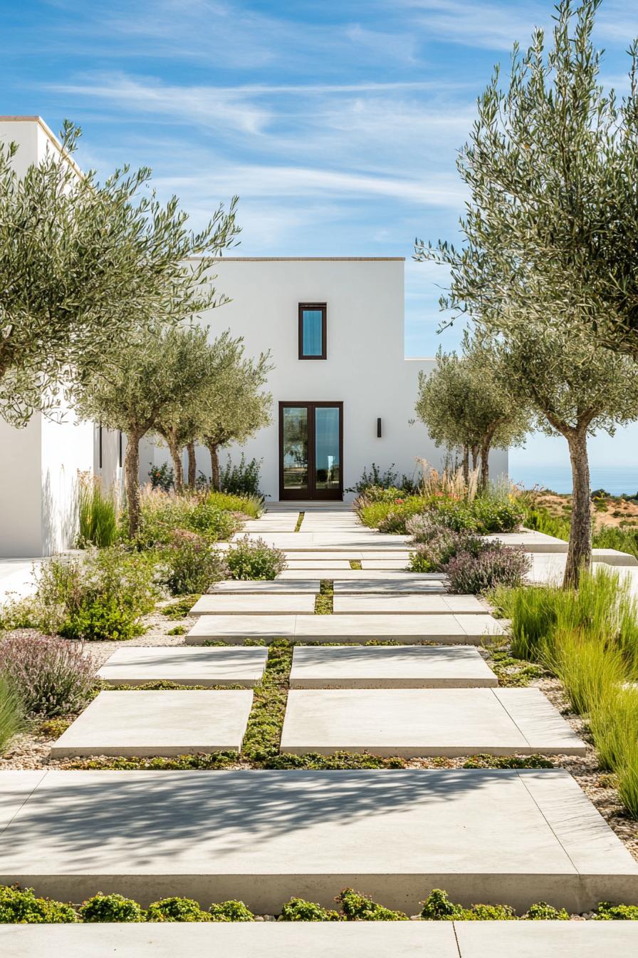 mediterranean inner courtyard garden of a modern white villa with geometric paving with concrete native plants and olive trees 3