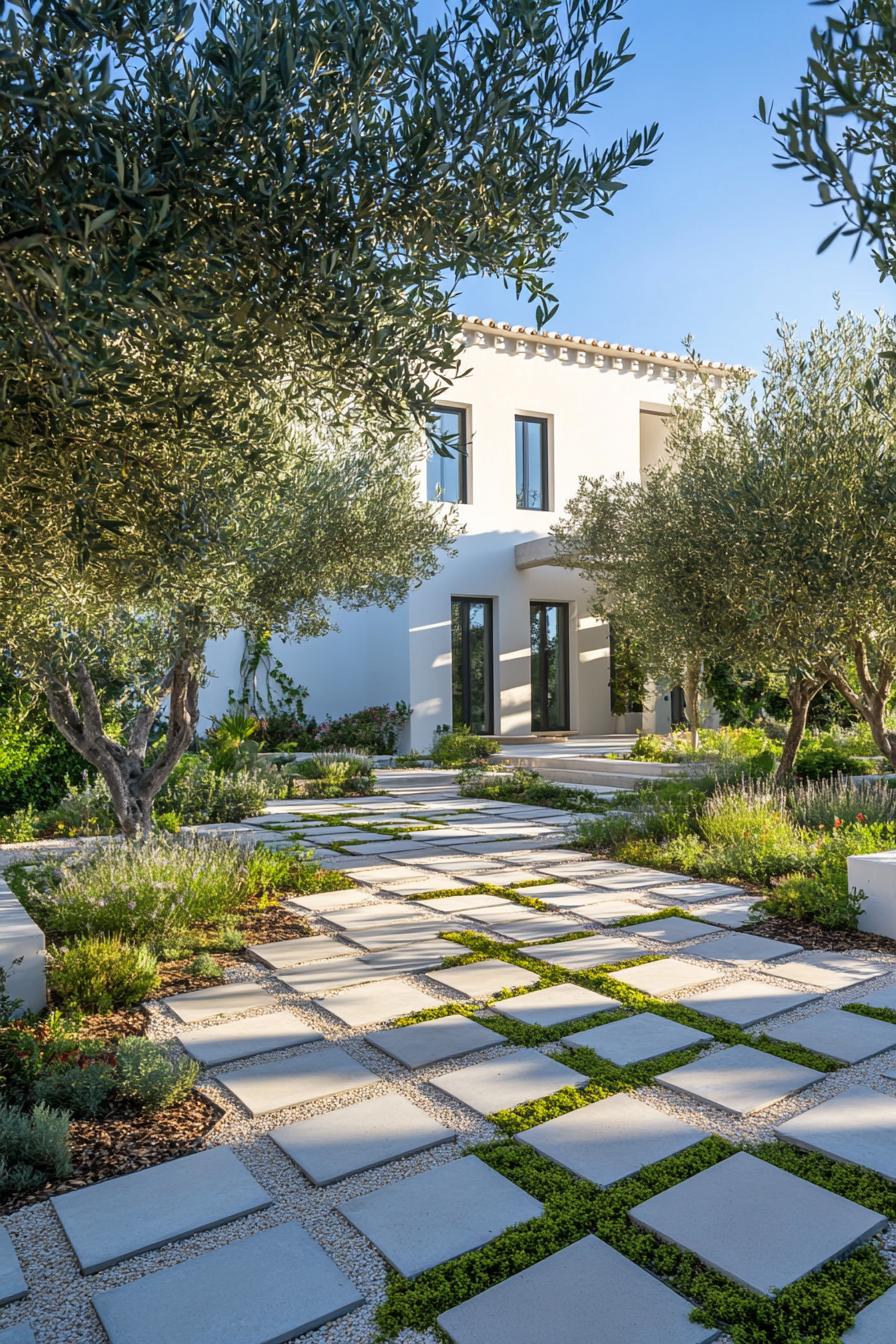 mediterranean inner courtyard garden of a modern white villa with geometric paving with concrete native plants and olive trees