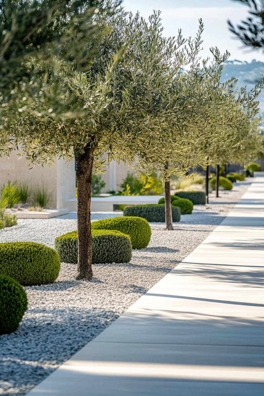 paved landscaping with olive trees and geometric shrubs 1