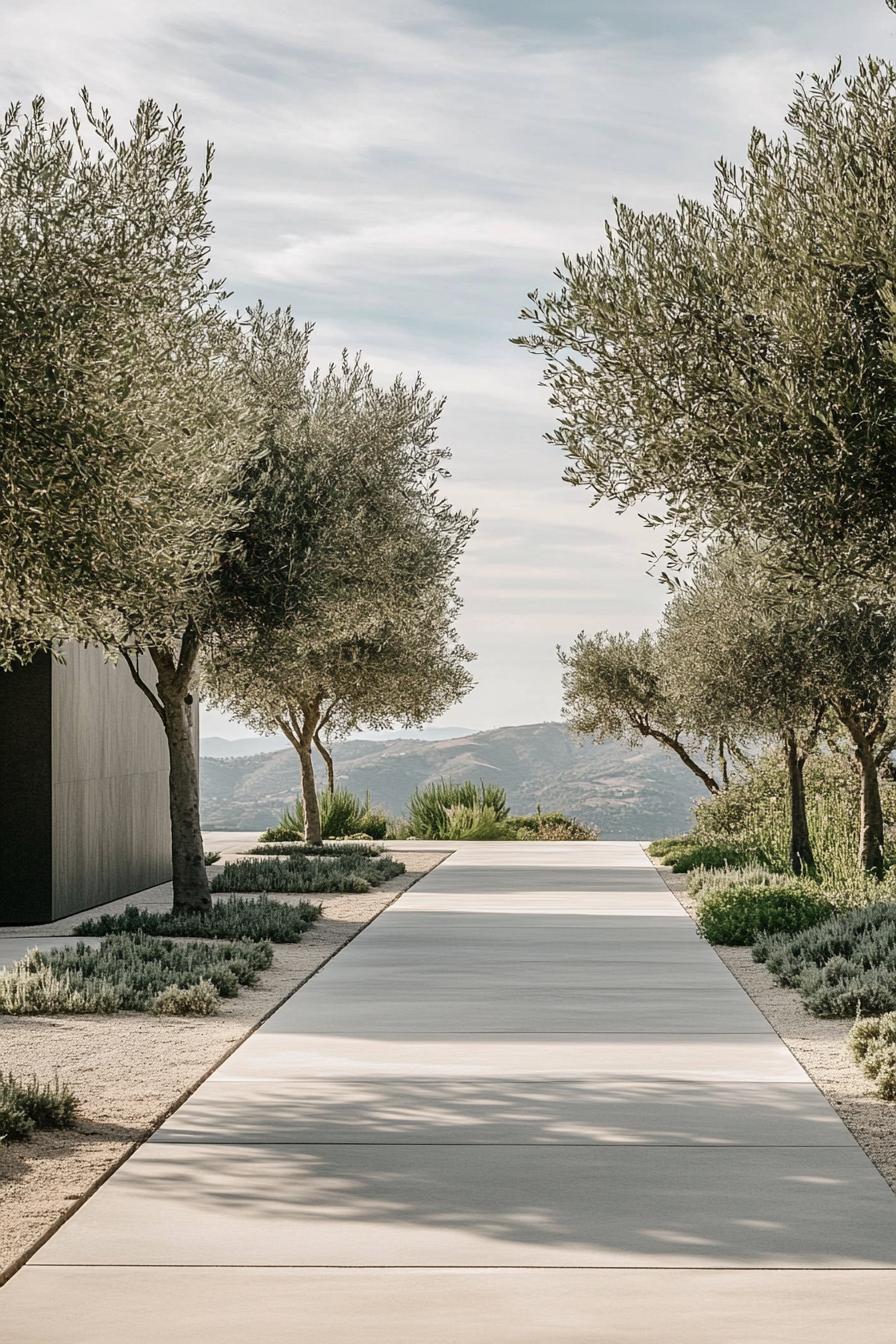 paved landscaping with olive trees and geometric shrubs 2