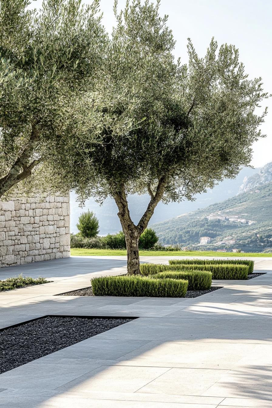 paved landscaping with olive trees and geometric shrubs