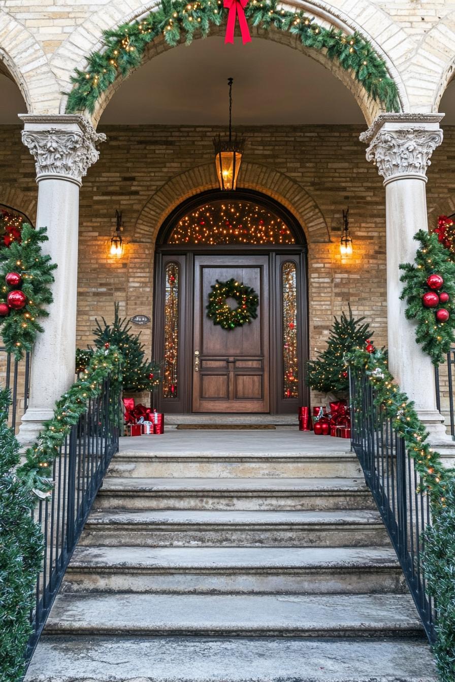 porch with classic columns with arched entrance door and steps railings and columns decorated with Christmas greenery red ornaments fairy lights 1