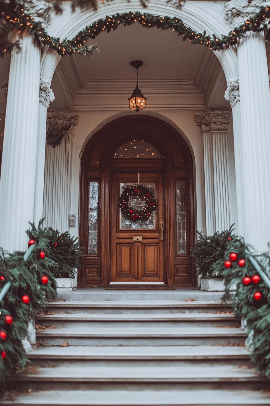 porch with classic columns with arched entrance door and steps railings and columns decorated with Christmas greenery red ornaments fairy lights 2