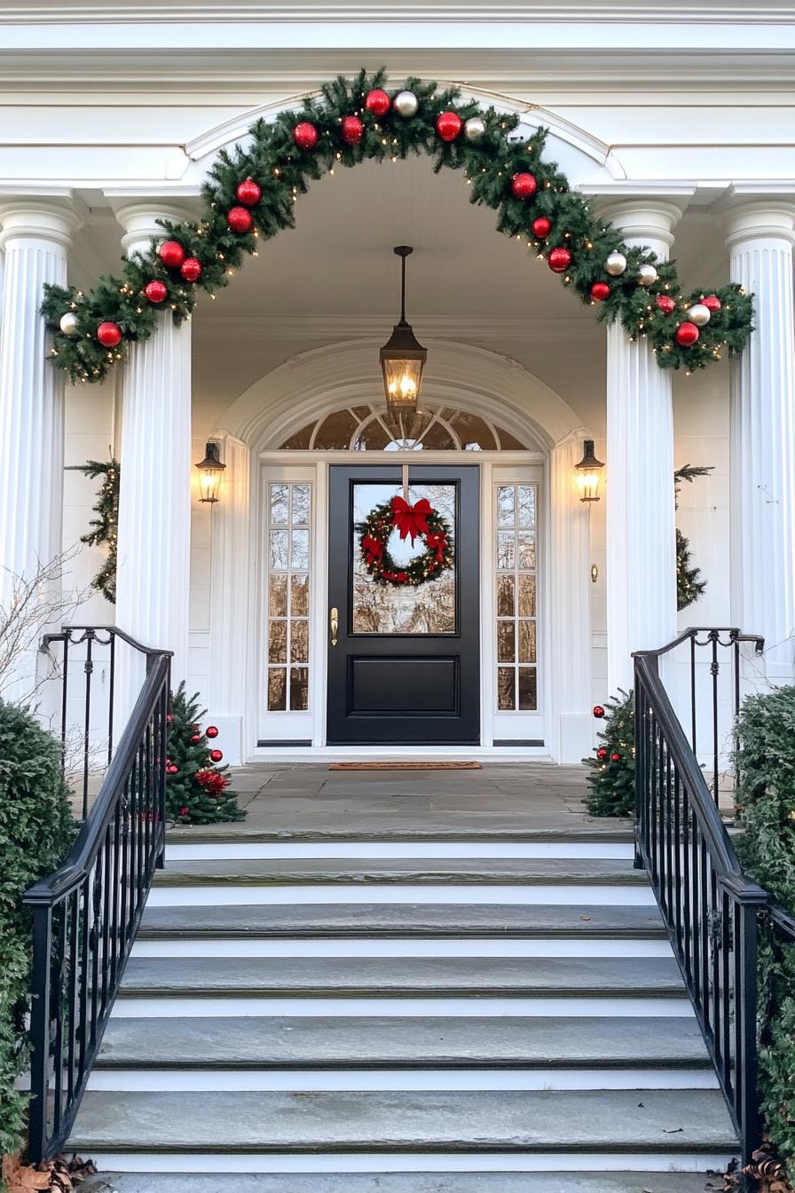 porch with classic columns with arched entrance door and steps railings and columns decorated with Christmas greenery red ornaments fairy lights