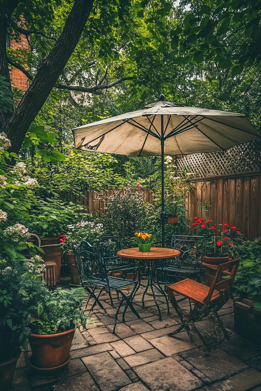 tiny patio garden with potted blossoming flowers and grasses garden chairs and bistro table large umbrella shade ground paved with stone tiles 1