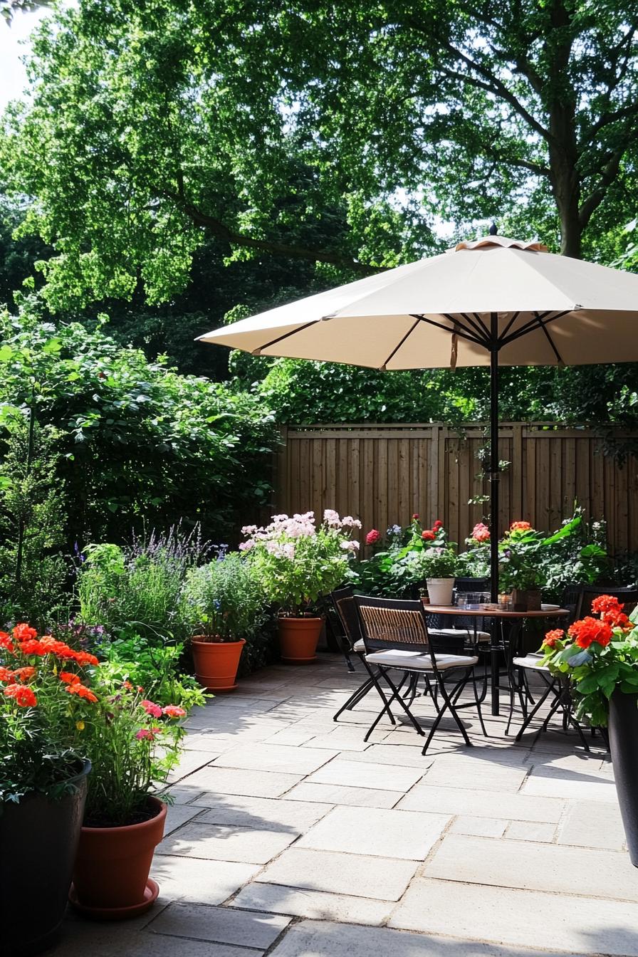 tiny patio garden with potted blossoming flowers and grasses garden chairs and bistro table large umbrella shade ground paved with stone tiles