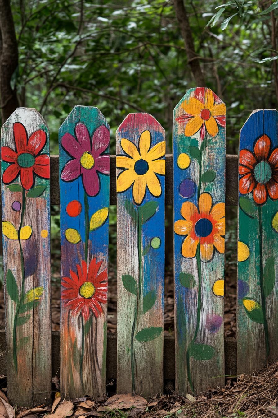 wooden picket fence with painted in various colors with flower art drawings 1