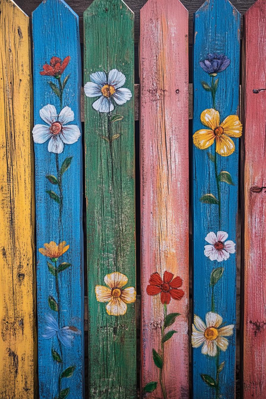 wooden picket fence with painted in various colors with flower art drawings