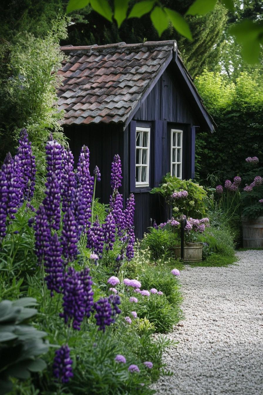 French garden with a shed tall purple flowers gravel path 1