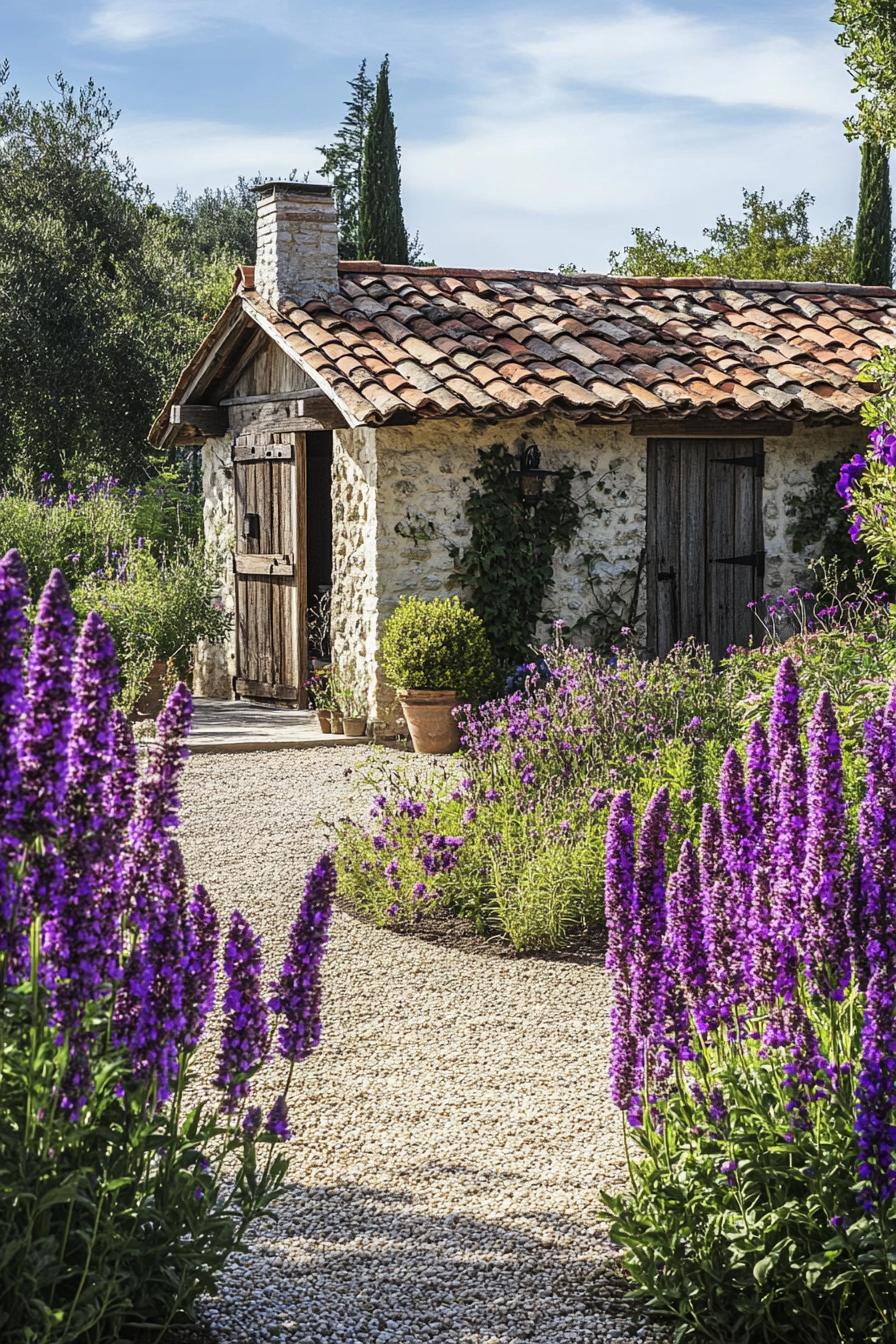 French garden with a shed tall purple flowers gravel path