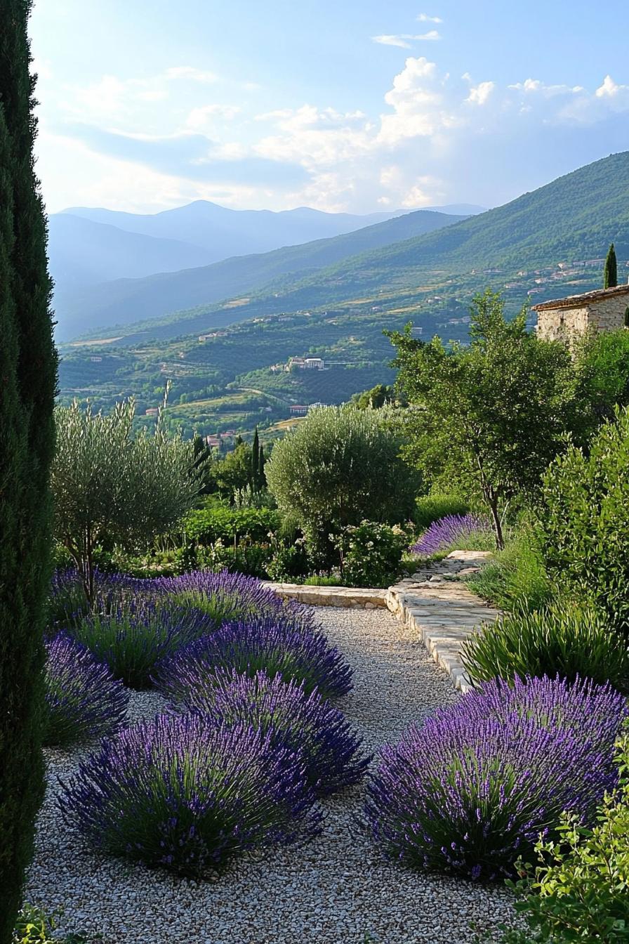 Italian garden with lavenders ground cover plants olive trees stunning Italian valley in the background 1