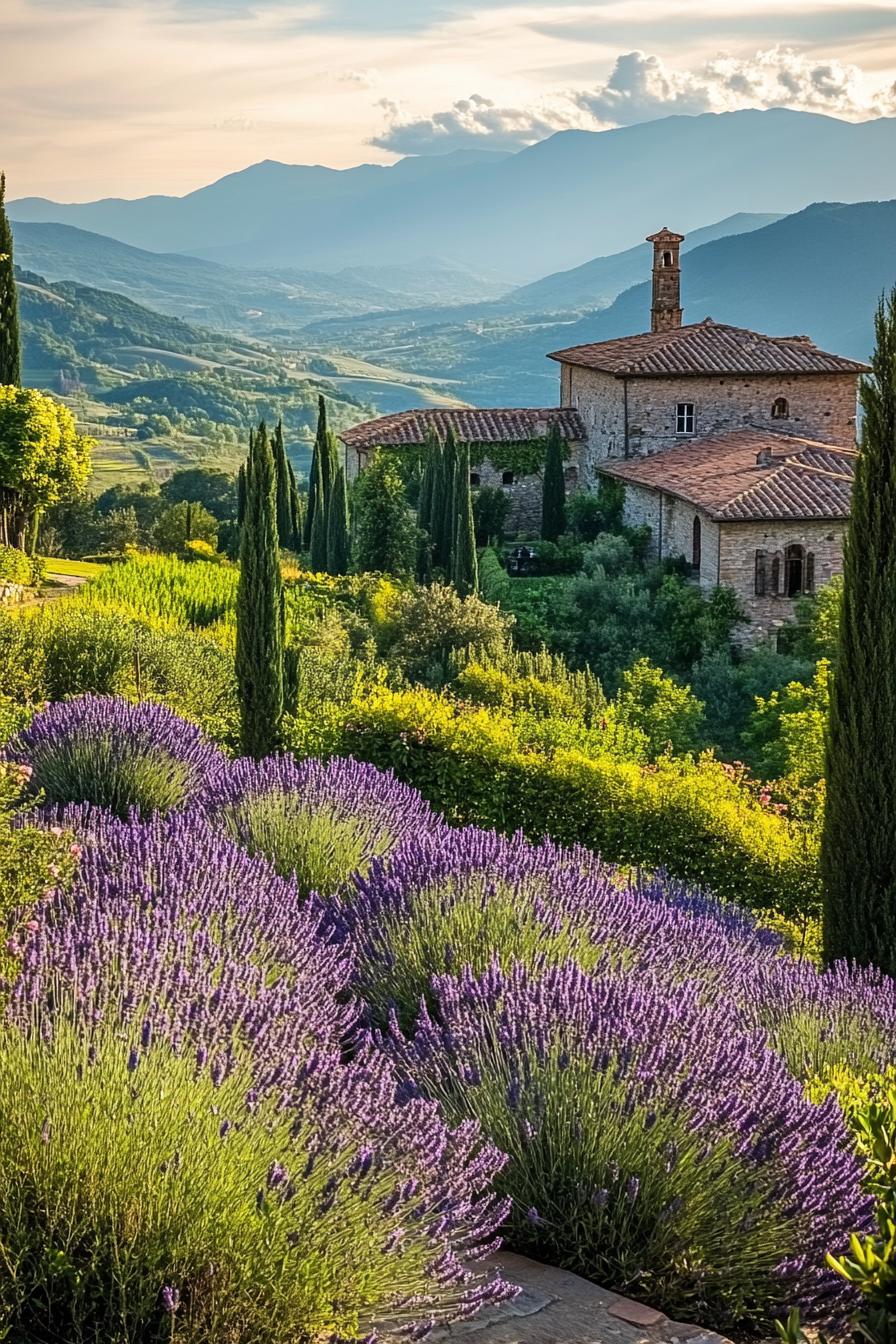 Italian garden with lavenders ground cover plants olive trees stunning Italian valley in the background 2