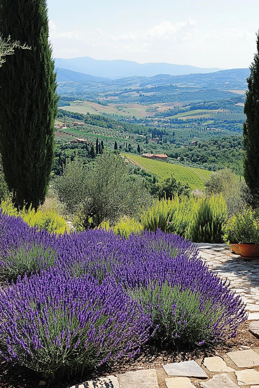 Italian garden with lavenders ground cover plants olive trees stunning Italian valley in the background 3