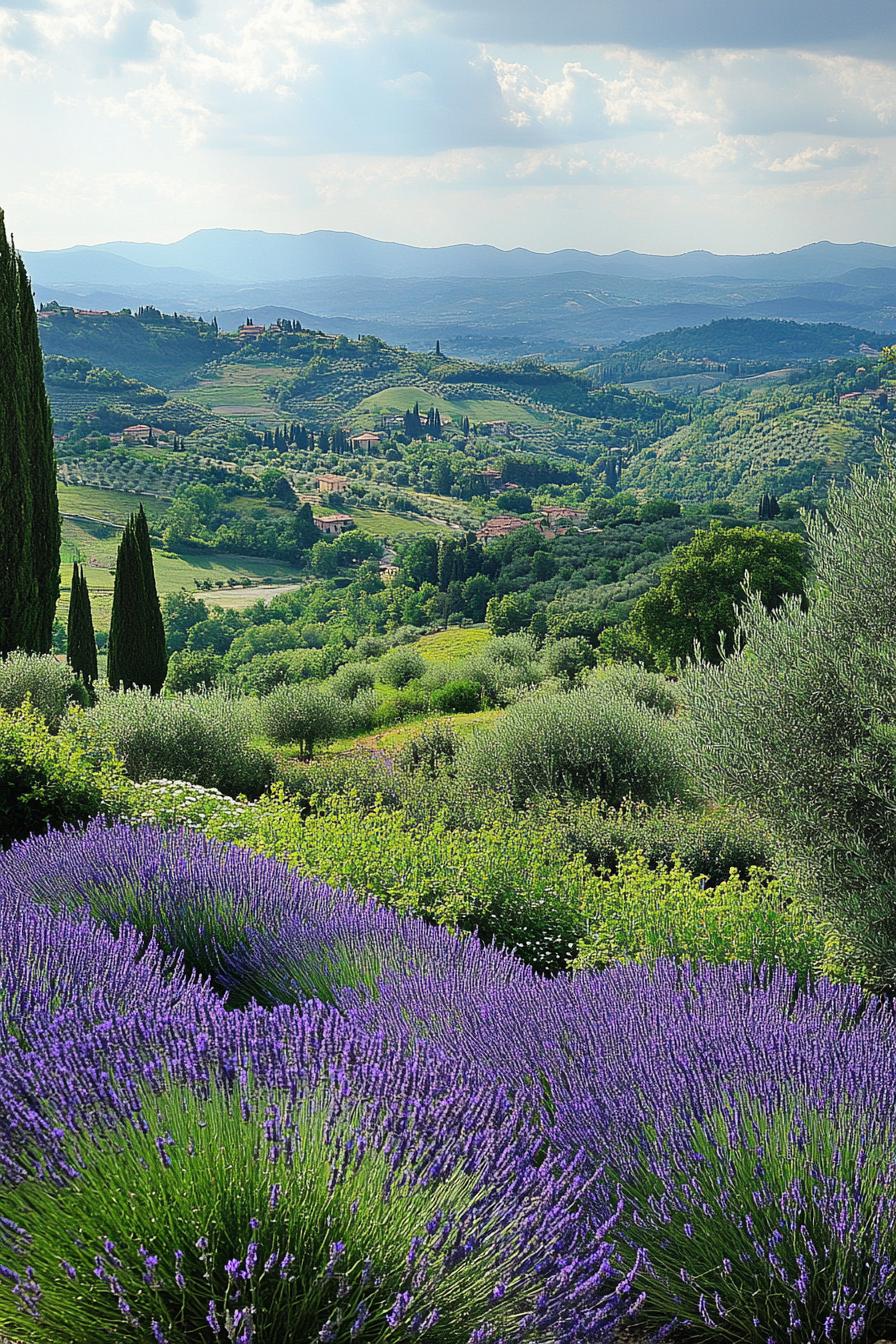 Italian garden with lavenders ground cover plants olive trees stunning Italian valley in the background