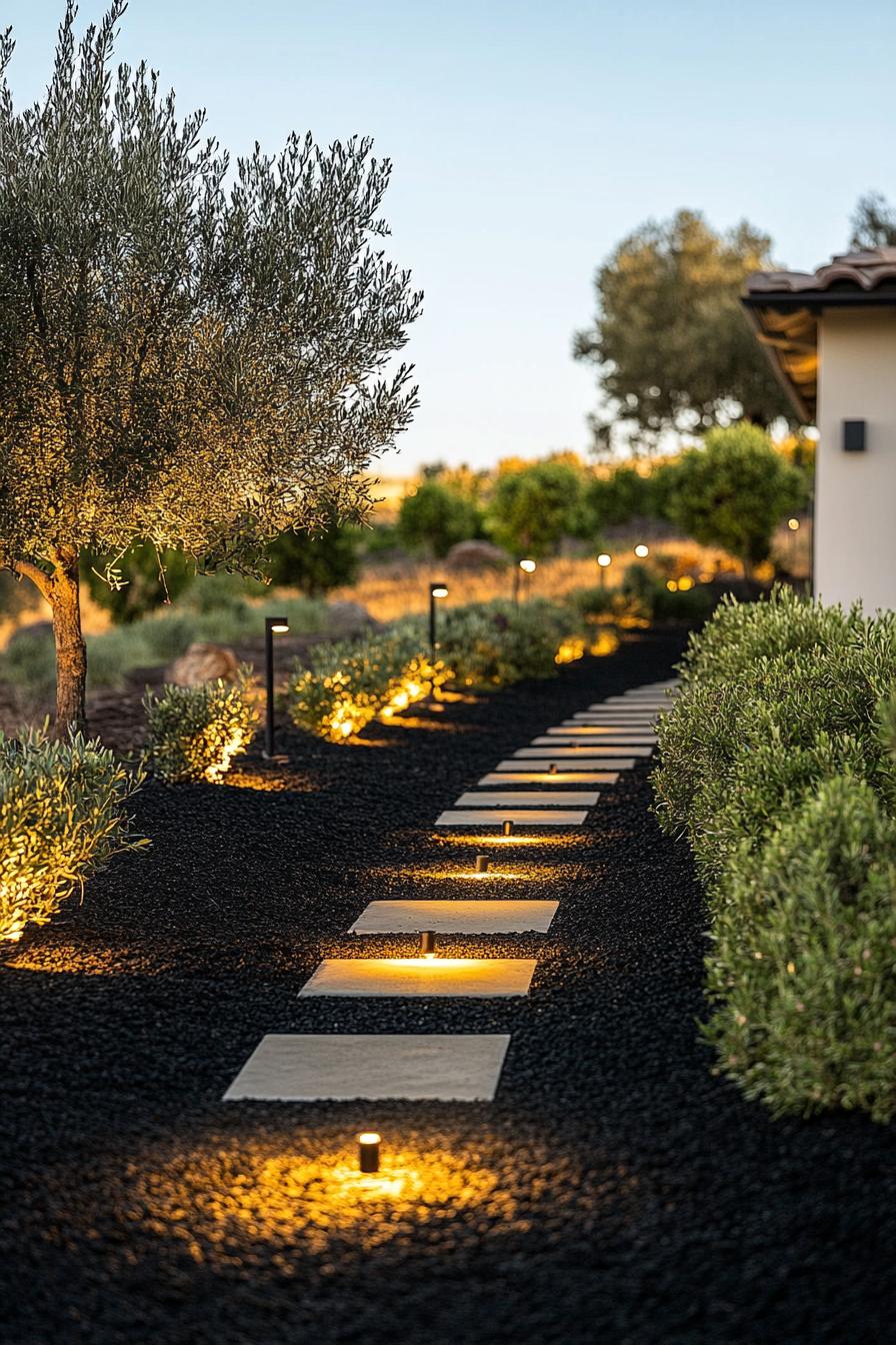 landscaping of front yard with a geometric concrete path on dark mulch lined with shrubs and olive trees there are garden lights on the ground 1