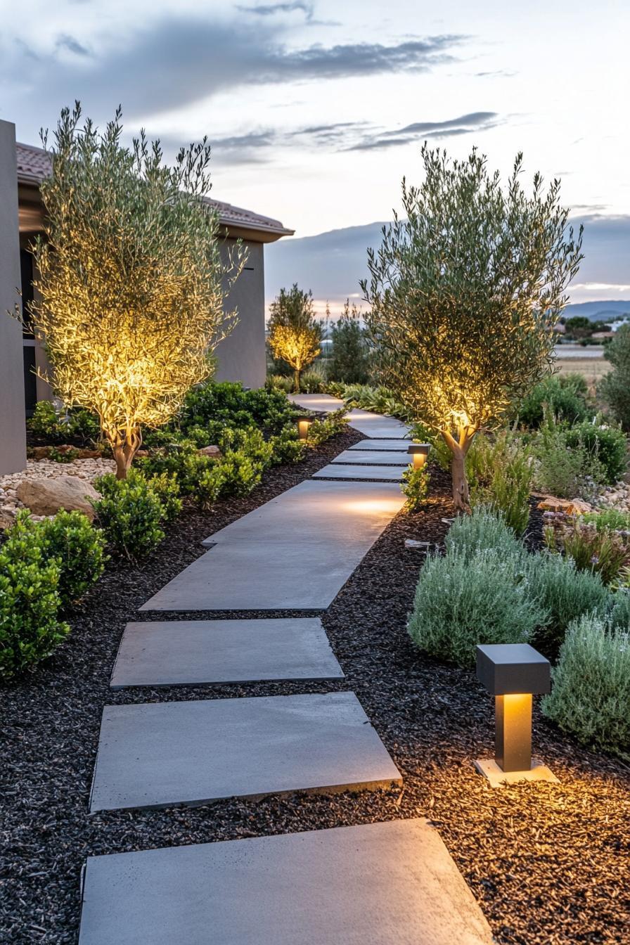 landscaping of front yard with a geometric concrete path on dark mulch lined with shrubs and olive trees there are garden lights on the ground 2