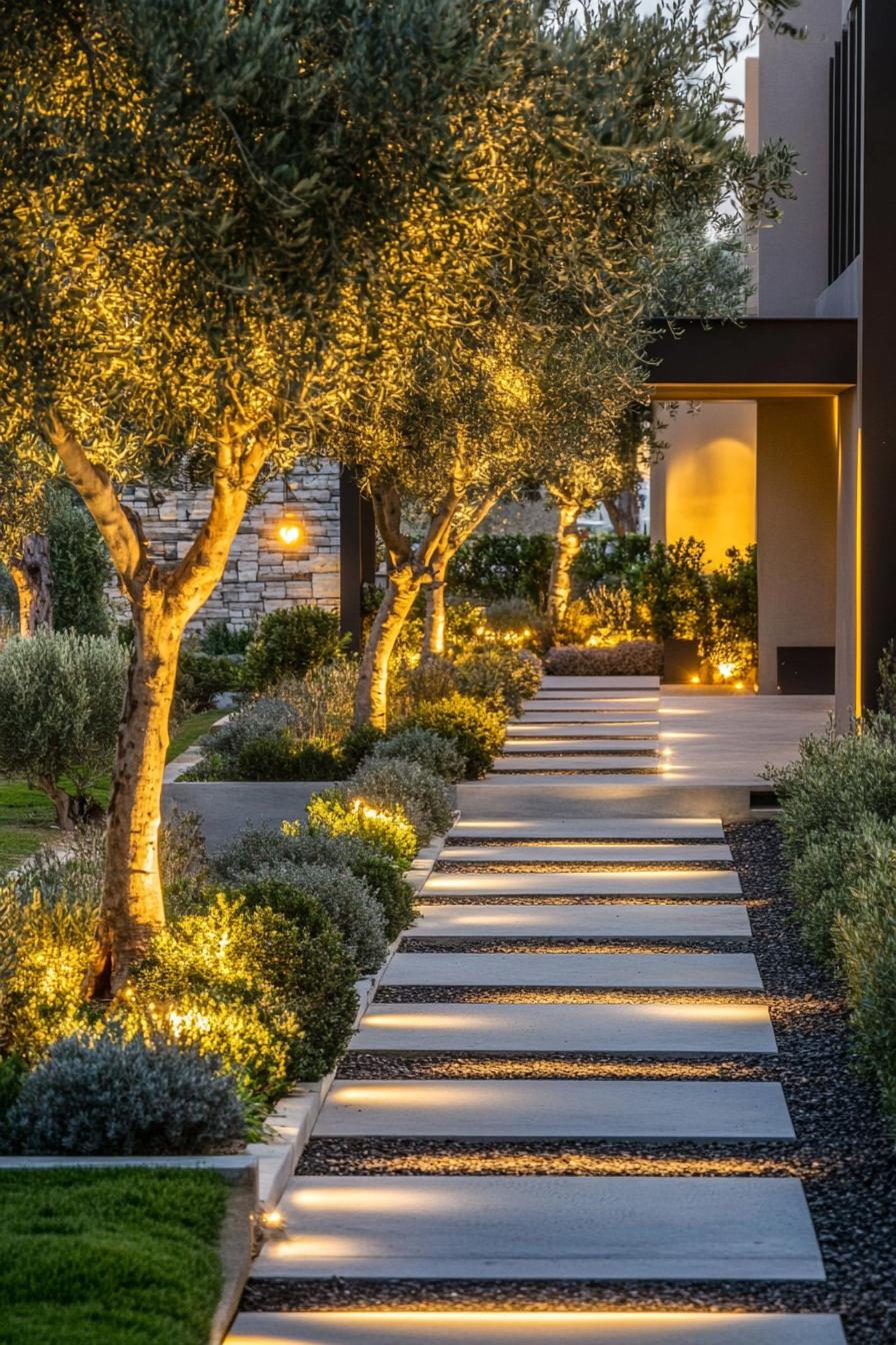 landscaping of front yard with a geometric concrete path on dark mulch lined with shrubs and olive trees there are garden lights on the ground 3