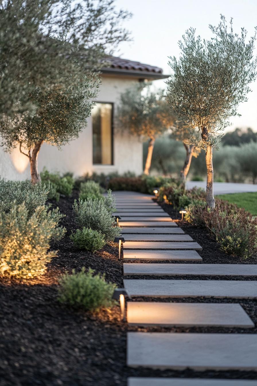 landscaping of front yard with a geometric concrete path on dark mulch lined with shrubs and olive trees there are garden lights on the ground