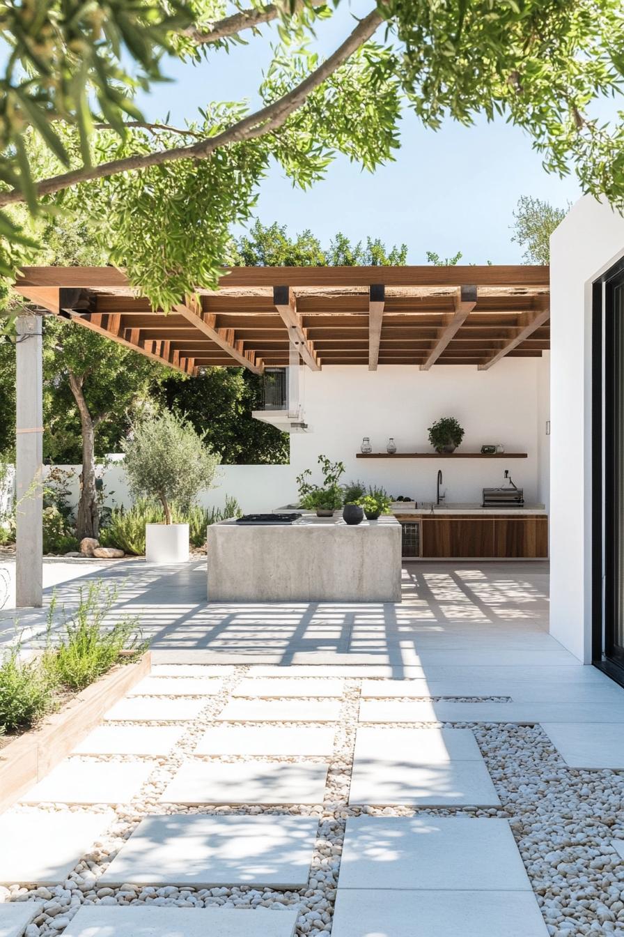 mediterranean inner courtyard garden of a modern white villa with geometric paving with concrete and pebbles modern wooden pergola native plants 1