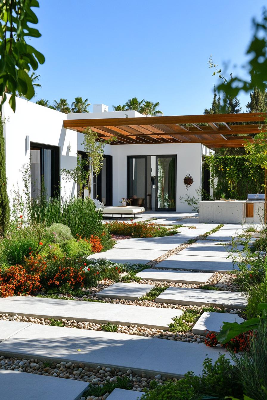 mediterranean inner courtyard garden of a modern white villa with geometric paving with concrete and pebbles modern wooden pergola native plants 2