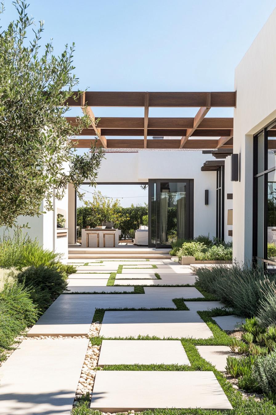 mediterranean inner courtyard garden of a modern white villa with geometric paving with concrete and pebbles modern wooden pergola native plants 3