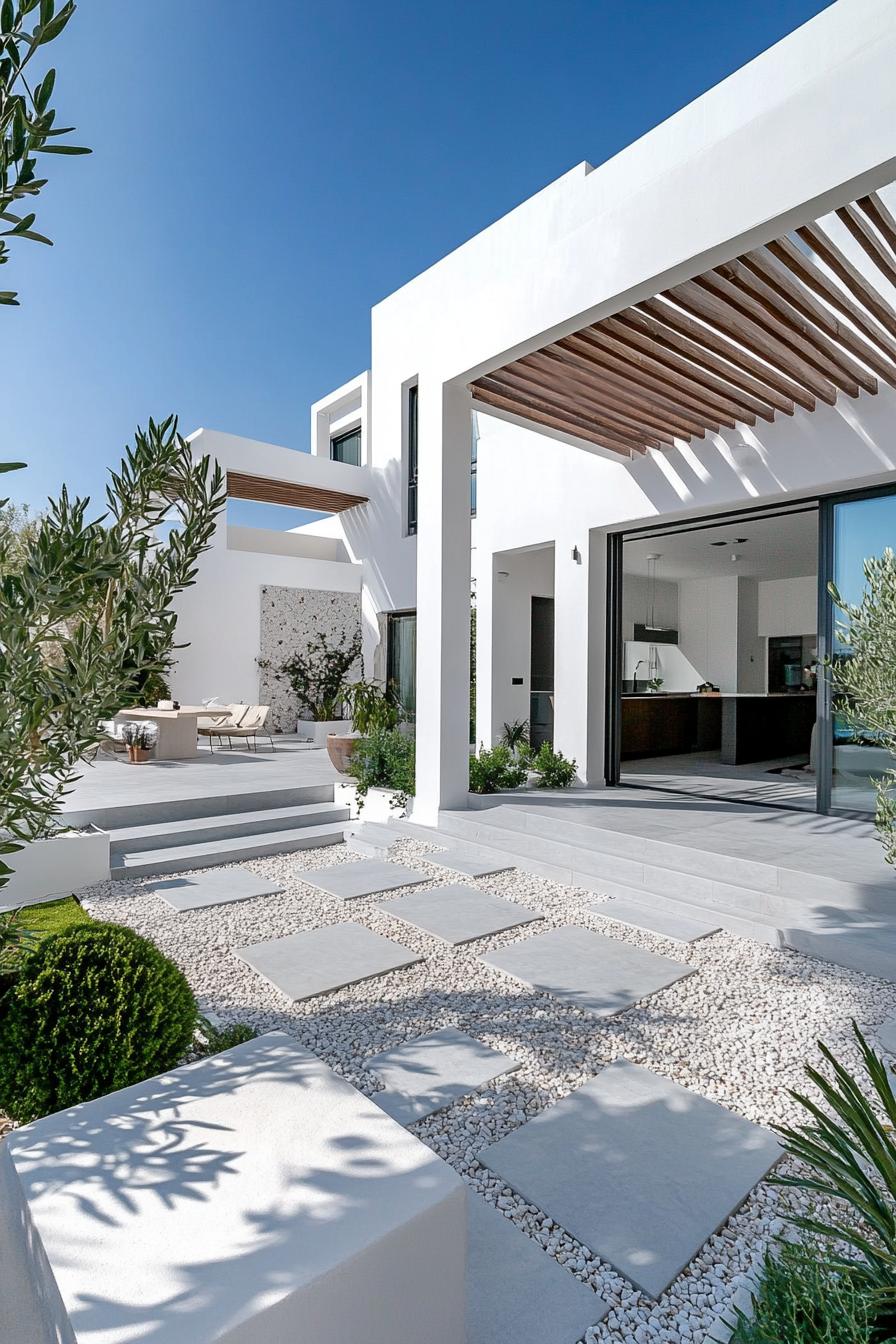 mediterranean inner courtyard garden of a modern white villa with geometric paving with concrete and pebbles modern wooden pergola native plants