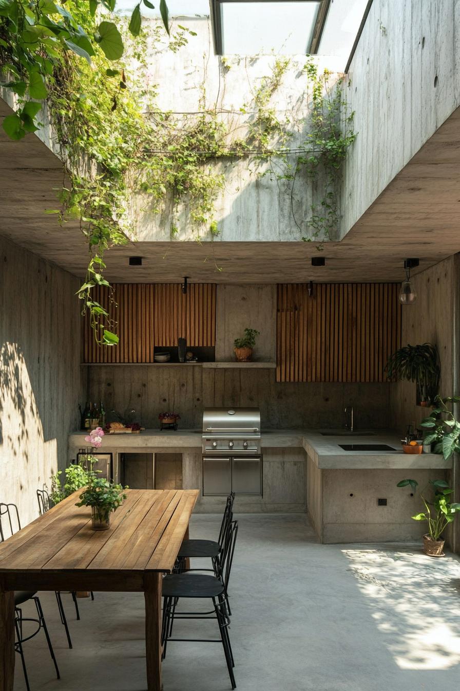 modern concrete house inner courtyard with outdoor kitchen with grill station concrete countertop fluted wooden wall with vines dining table 1