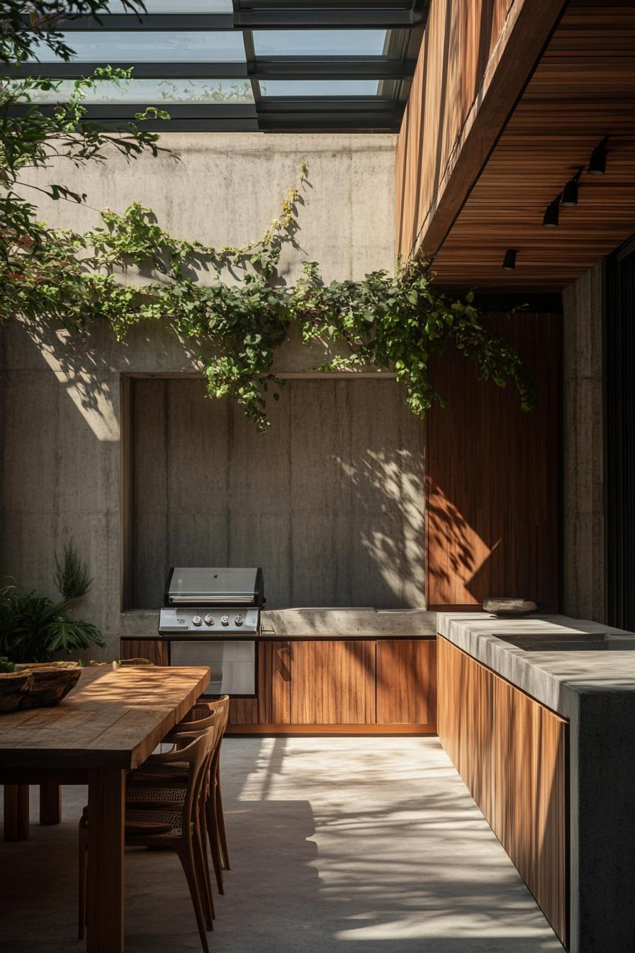 modern concrete house inner courtyard with outdoor kitchen with grill station concrete countertop fluted wooden wall with vines dining table