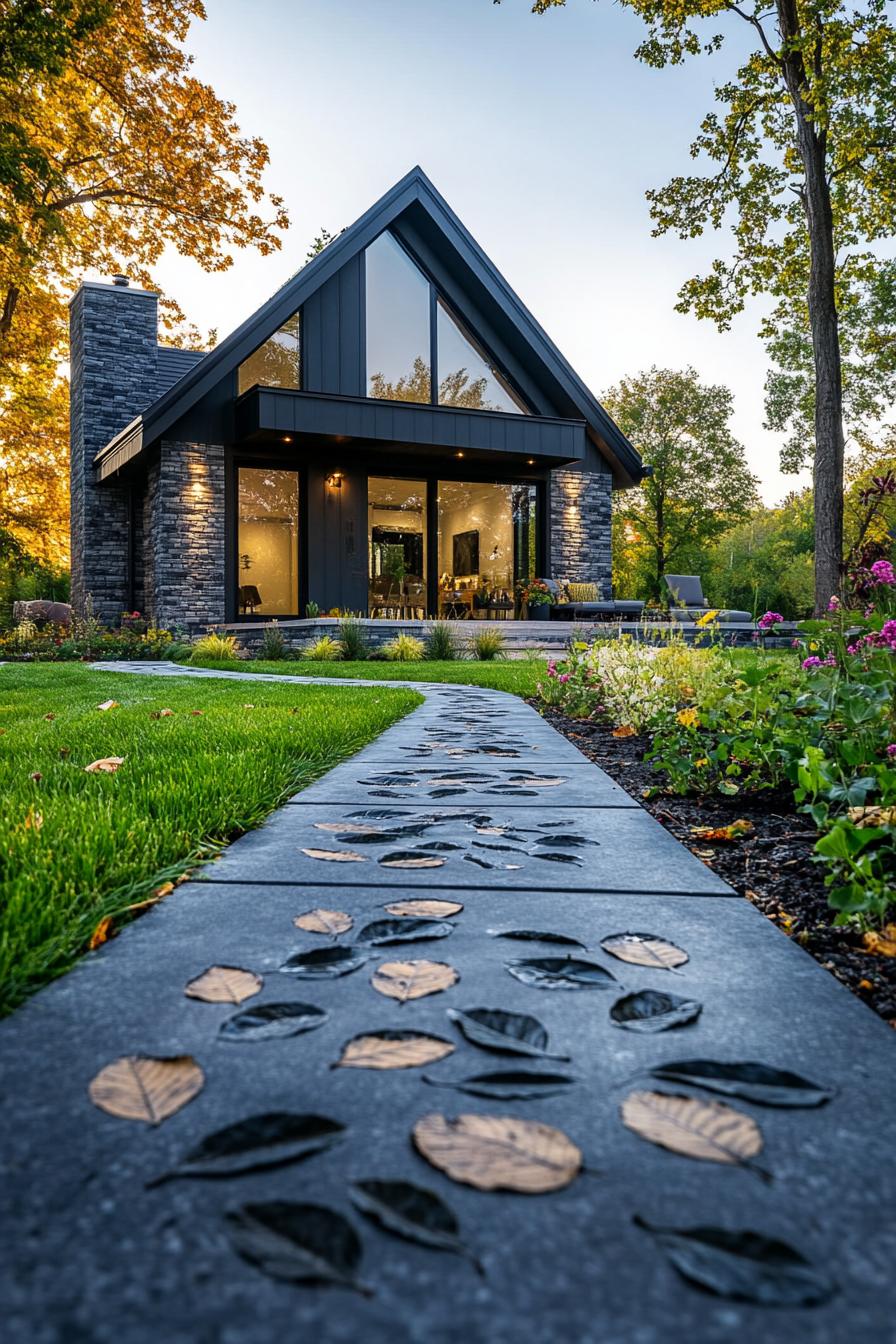 modern home backyard garden with flowers and a concrete path with leaf imprints 1