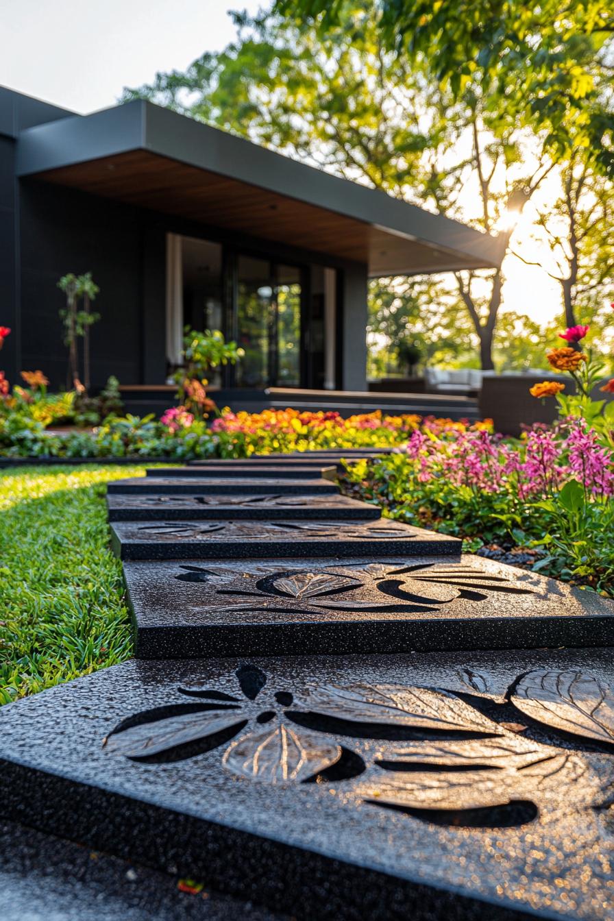 modern home backyard garden with flowers and a concrete path with leaf imprints