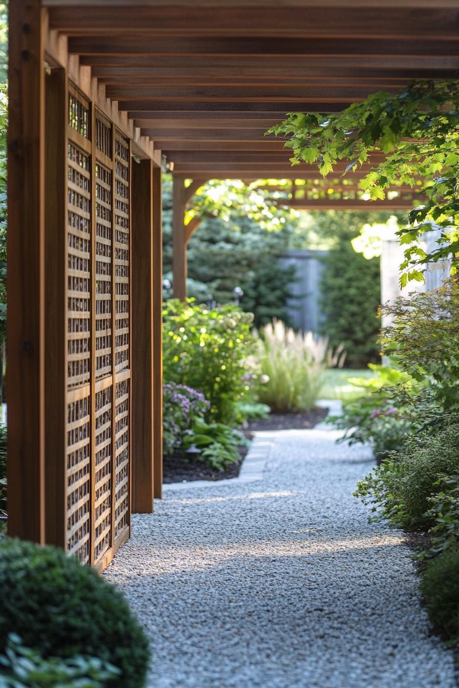 modern pergola with lattice walls with vines over gravel path 1