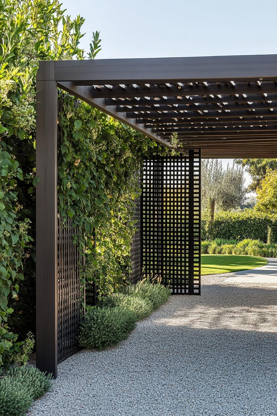 modern pergola with lattice walls with vines over gravel path