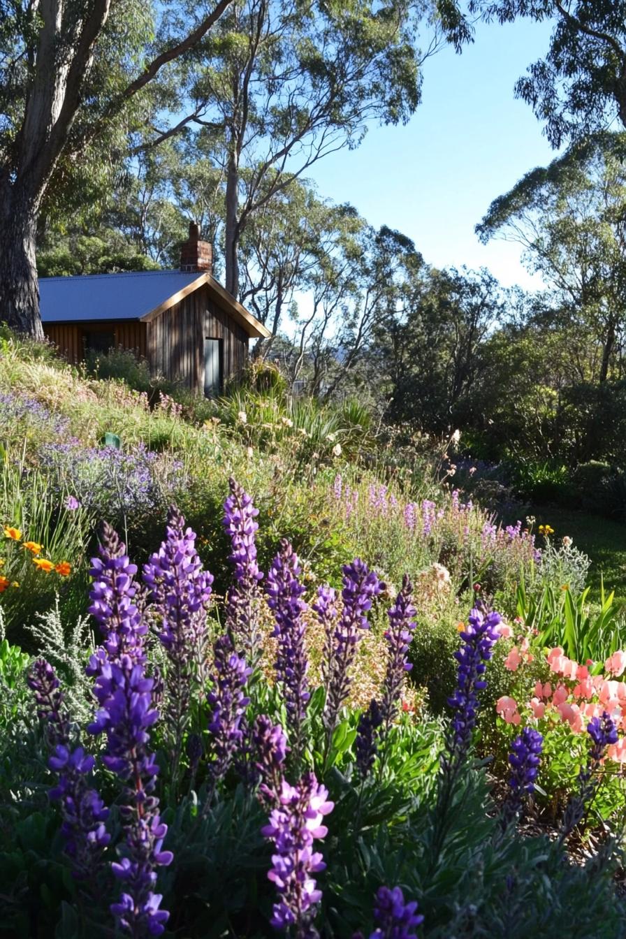 native australian flower garden with native violet and pink flowers bush plants backyard shaded with native trees 1