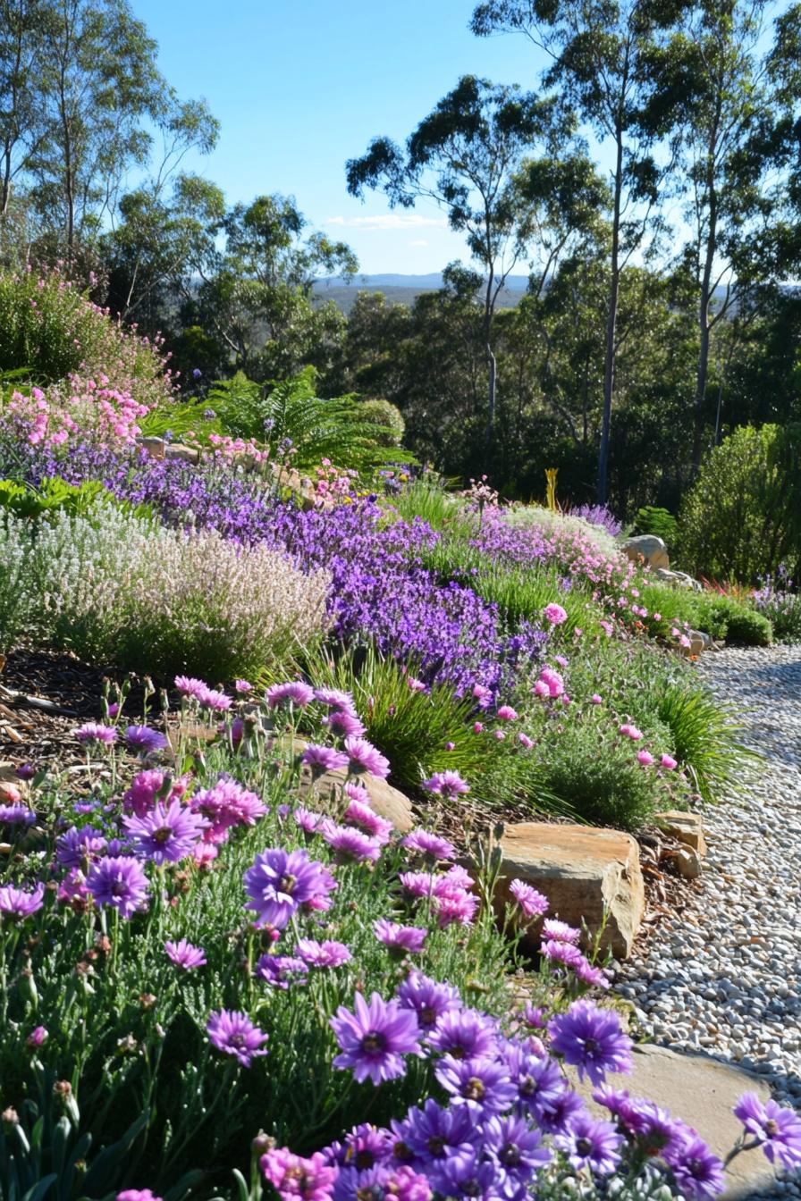 native australian flower garden with native violet and pink flowers bush plants backyard shaded with native trees 2