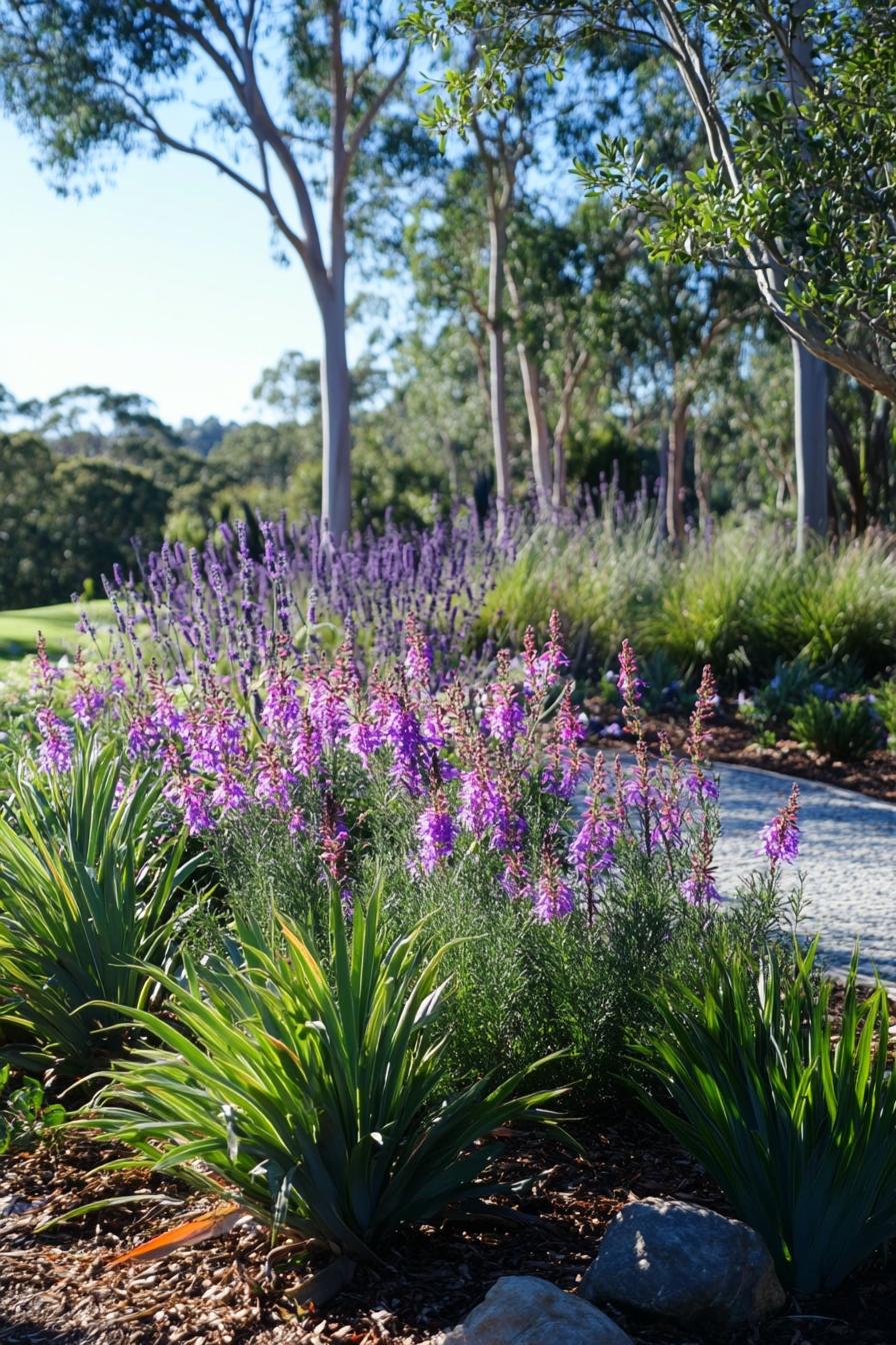 native australian flower garden with native violet and pink flowers bush plants backyard shaded with native trees 3