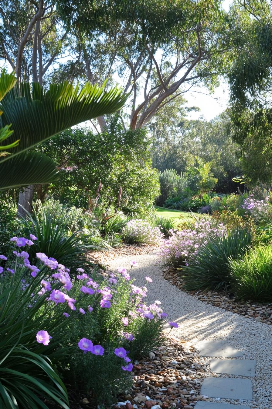 native australian flower garden with native violet and pink flowers bush plants backyard shaded with native trees