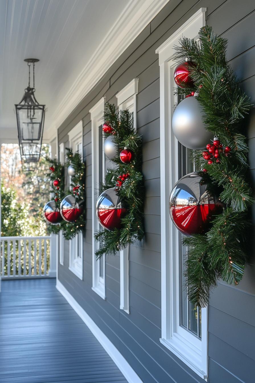 porch with grey horizontal slatting house siding and white trim decorated with oversize christmas orbs made of air balloons 1